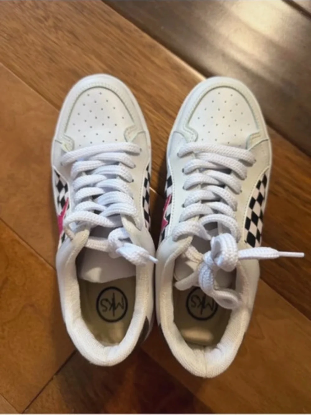 Women’s White Sneakers with Pink Star and Checker Accents